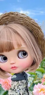 Cute doll with big eyes in a floral garden setting.