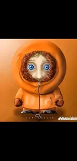 Quirky doll in an orange hoodie on a stylish wallpaper.