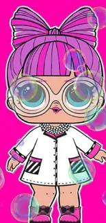 Cartoon doll with pink hair and glasses on a pink background.