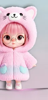 Adorable doll in pink cat-themed hoodie with glasses.