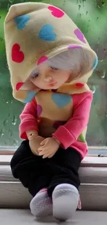 Adorable doll in heart-pattern hoodie by rainy window.