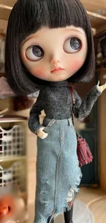 Cute doll in stylish outfit with handbag.