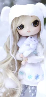 Cute winter-themed doll with a fluffy hat in the snow.