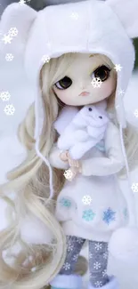 Adorable doll with white hat in snow.