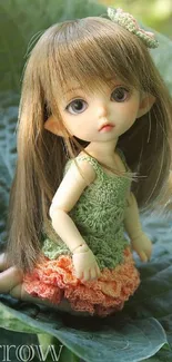 Charming doll sitting on a large green leaf.