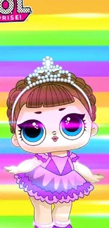 Cute doll on vibrant rainbow striped background.