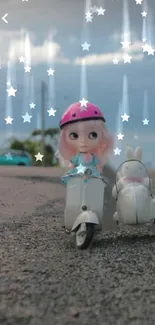 Cute doll on a scooter with stars in background.