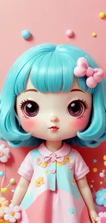 Adorable doll with blue hair on a pastel pink background.