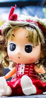 Cute doll with curly hair and red dress on vibrant wallpaper.