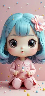 Charming doll with blue hair and pink outfit in a pastel themed wallpaper.