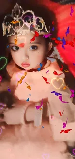 Cute doll with colorful butterflies and hearts mobile wallpaper.