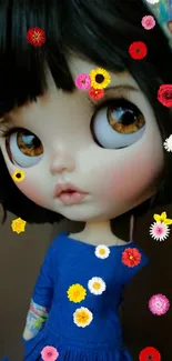 Cute doll with vibrant floral decorations in the background.