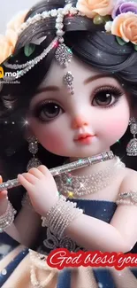 Cute doll in floral attire with a flute, adorned with jewels.