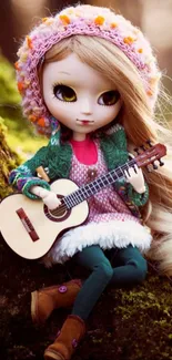 Cute doll sitting with guitar in a forest scene, vibrant and whimsical design.