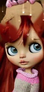 Whimsical doll with red hair and large blue eyes, in a fantasy style artwork.