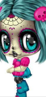 Cute animated doll with teal hair and skull design.