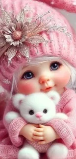 Cute doll holding a white teddy bear with a pink floral hat.
