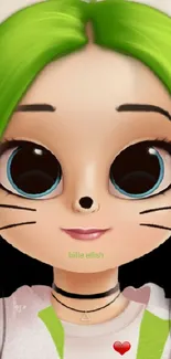 Cute Dollify character with green hair and big dark eyes on a phone wallpaper.