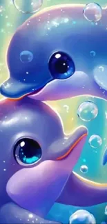 Cartoon dolphins with bubbles on a colorful background wallpaper.