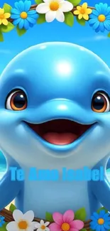Cute cartoon dolphin with colorful flower border.