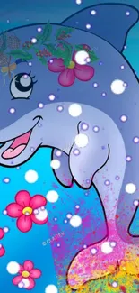 Vibrant cartoon dolphin with flowers and bubbles.