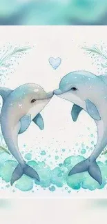 Two dolphins with heart in ocean-themed design wallpaper.