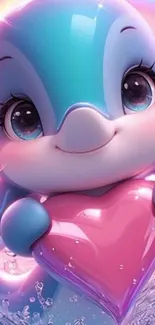 Cute cartoon dolphin with pink heart and rainbow.