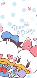 Cute wallpaper featuring Donald and Daisy Duck with pink hearts and blue polka dots.