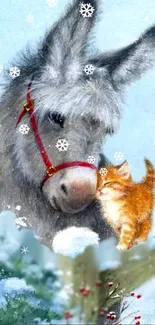 Adorable donkey with kitten in snow scene