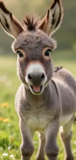 Cute donkey standing in a flower-filled field, smiling.