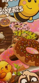 Cute cartoon bee and donuts wallpaper with animal characters.