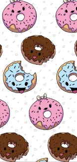 Playful cartoon donuts wallpaper with pink, blue, and chocolate colors.