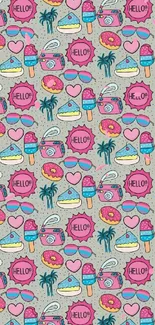 Colorful doodle pattern with fun summer icons.