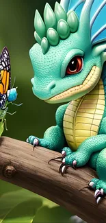 Cute dragon and butterfly on a branch in digital art.