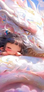 Adorable child resting on a mystical dragon.