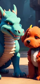 Vibrant blue dragon with cute orange puppy in fantasy setting.