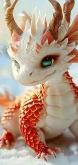 Cute dragon in a snowy setting, fantasy artwork.