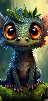 Cute dragon creature in vibrant forest setting, perfect for fantasy art wallpaper.