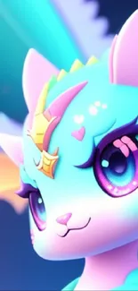 Cute pastel dragon with large eyes and wings in vivid fantasy art style.