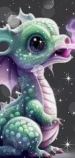 A cute dragon with mint green scales and purple smoke on a starry background.