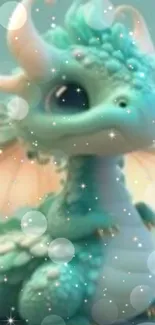 Cute teal dragon on fantasy wallpaper with sparkles.