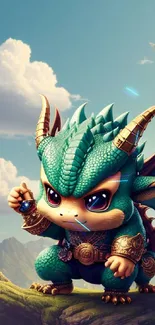 Cute dragon with gem on ledge in fantasy setting.