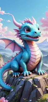 Blue dragon sitting on mountain peak with scenic background.