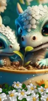 Adorable baby dragons in a garden pot with flowers and leaves.