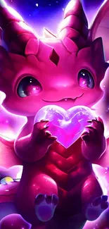 Cute dragon holding heart in vibrant colors.