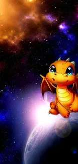 Cute cartoon dragon on a cosmic background with stars and planets.