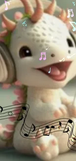 Adorable dragon with headphones and music notes.