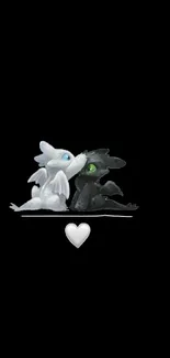 Cute black and white dragons kissing with heart on black background.