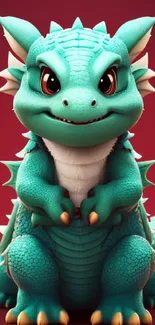 Cute teal dragon cartoon on a red background.