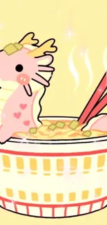 Cute dragon in ramen bowl with pastel yellow background.